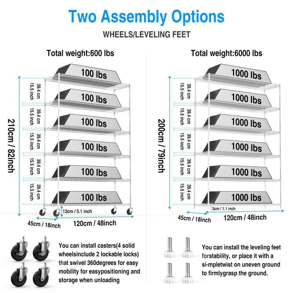 6-Tier White Heavy Duty Storage Wire Rack with Wheels, 6000 lbs. NSF Height Adjustable Metal Garage Storage Rack