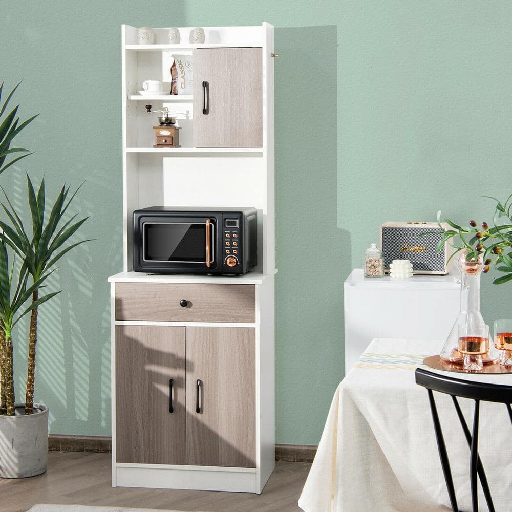 69 1/4 in. H White Kitchen Pantry Dining Hutch Storage Cabinet with Microwave Stand and Adjustable Open Shelves