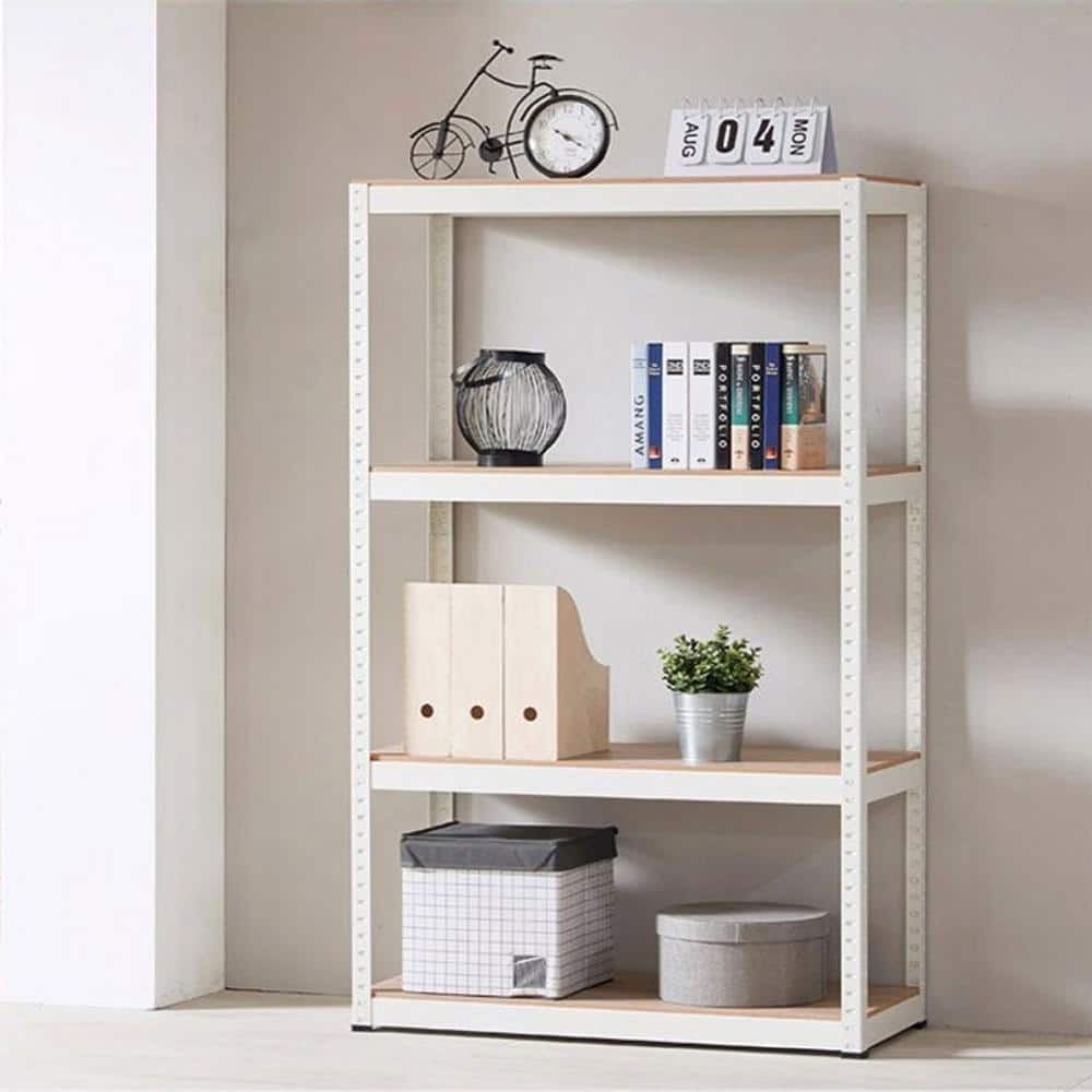 4-Shelf White Metal Wood Heavy Duty Storage Rack with Adjustable Shelves