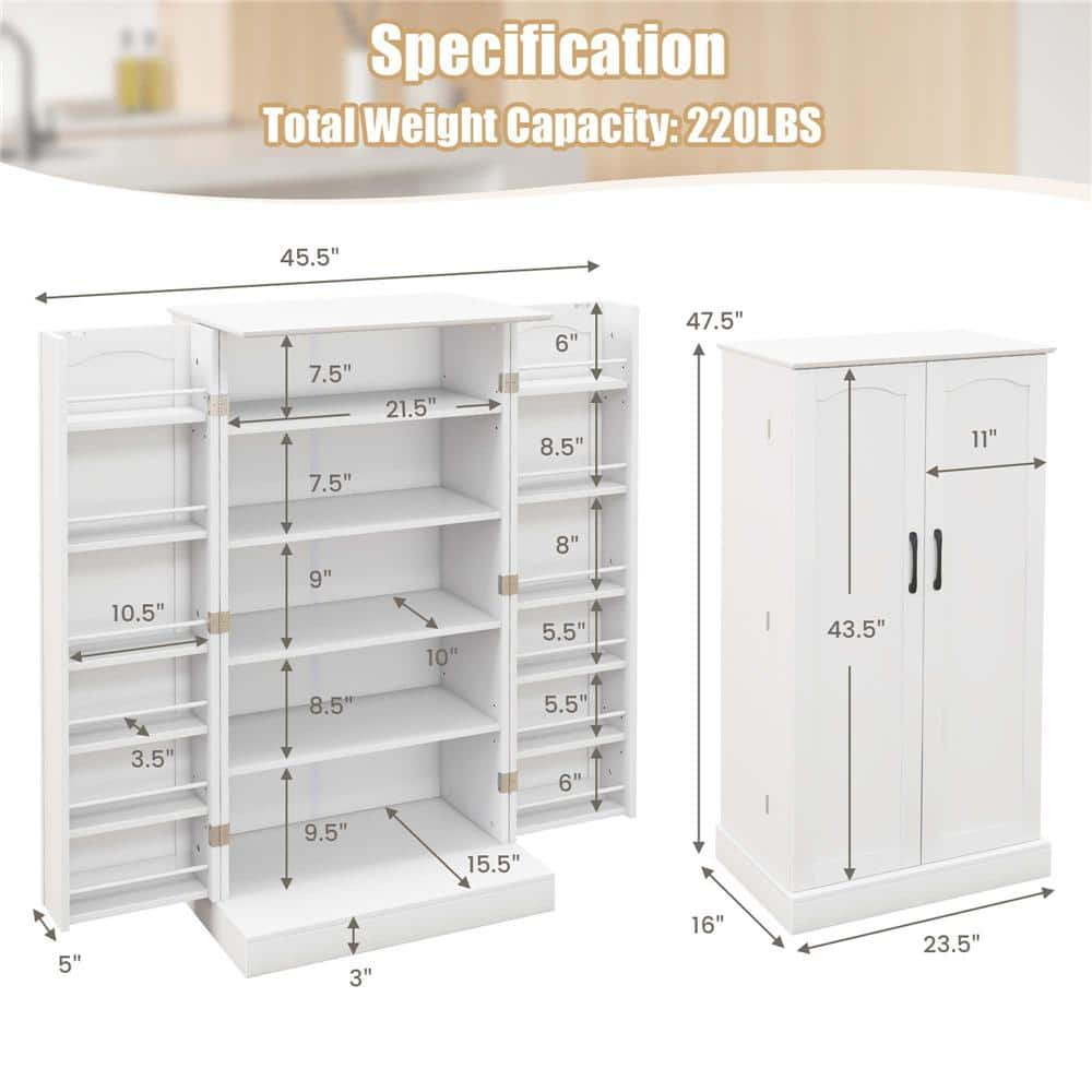 White 17-Tier 47.5 in. kitchen Pantry Cabinet with Doors Adjustable Shelves Anti-Toppling Devices