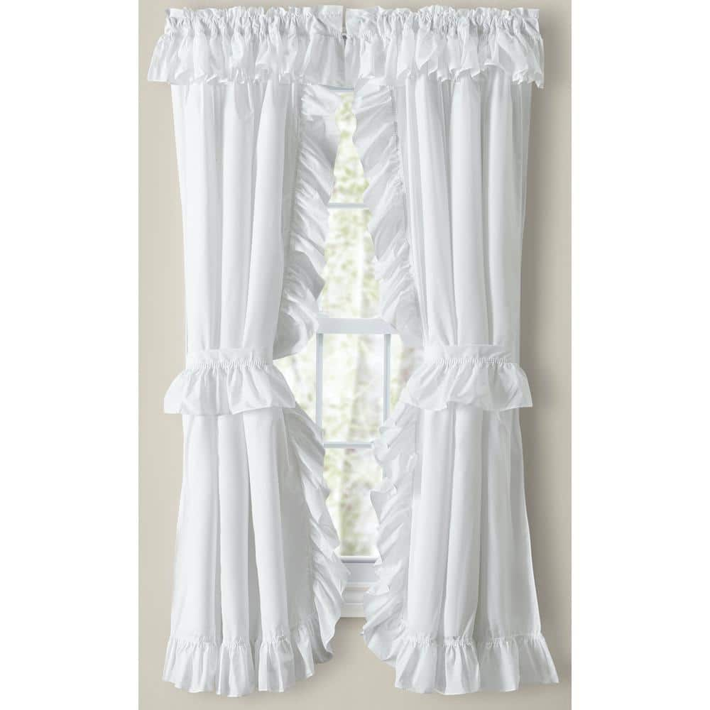 Classic Wide Ruffled White Polyester/Cotton Priscilla 84 in. W x 63 in. L Rod Pocket Sheer Curtain Pair