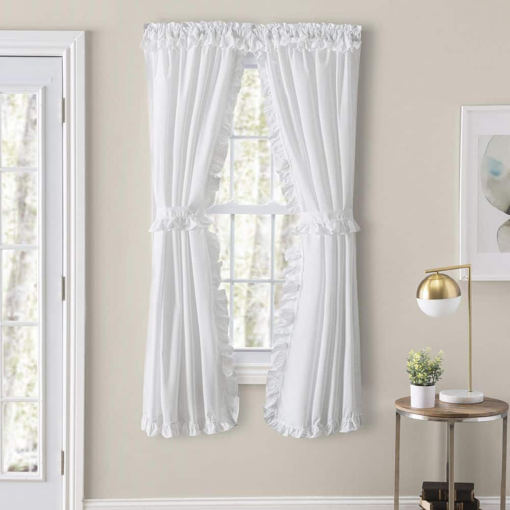 Classic Narrow Ruffled White Polyester/Cotton 80 in. W x 63 in. L Rod Pocket Sheer Priscilla Pair Curtains with Ties