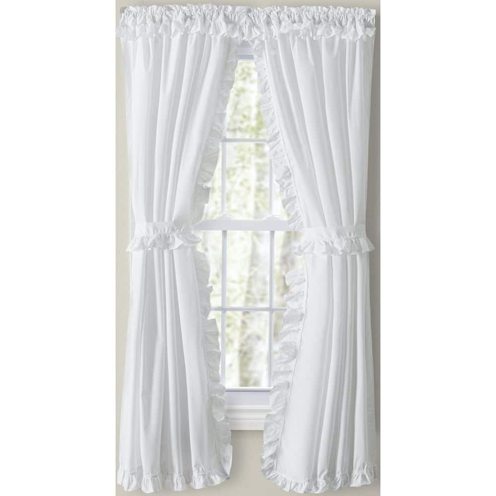 Classic Narrow Ruffled White Polyester/Cotton 80 in. W x 63 in. L Rod Pocket Sheer Priscilla Pair Curtains with Ties