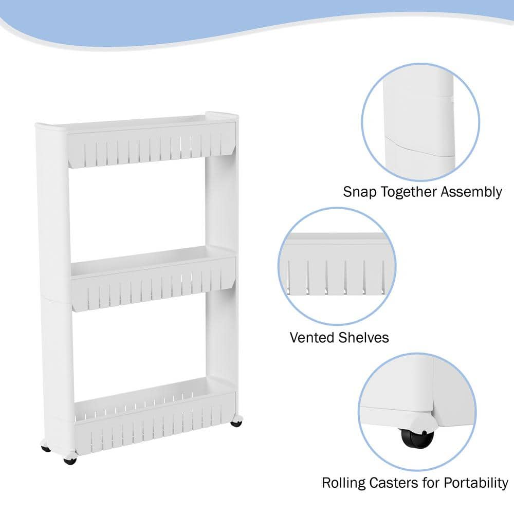 3-Tier White Slim Slide Out Pantry Storage Tower with Wheels