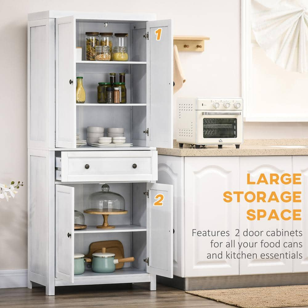 3-Shelf White 72.5″ Pinewood Large Kitchen Pantry Storage Cabinet, Freestanding Cabinets with Doors