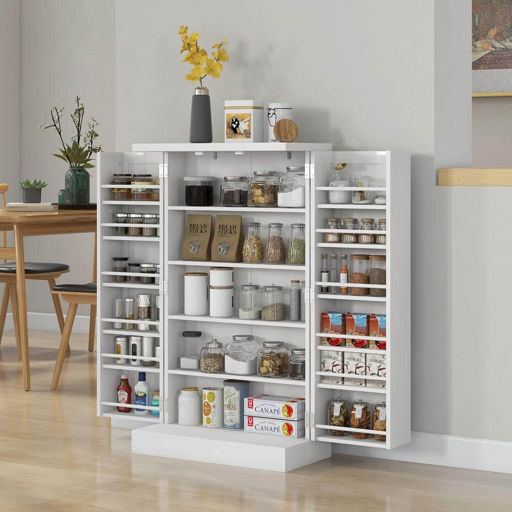 White 5-Tier Shelf 12-Spice Racks 41 in. Kitchen Pantry Storage Cabinet, with Double Doors and Adjustable Shelves