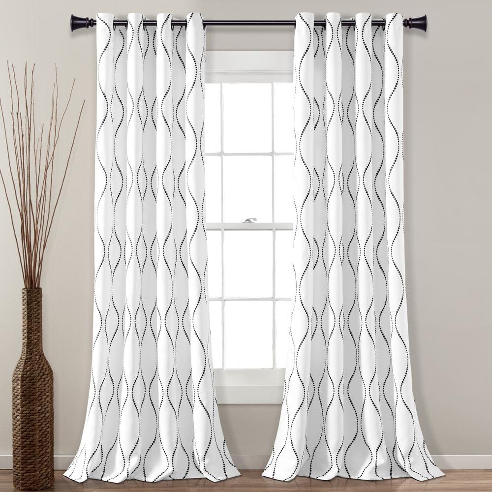 Swirl White/Black 52 in. W x 84 in. L Light Filtering Curtain Panel (Set of 2)