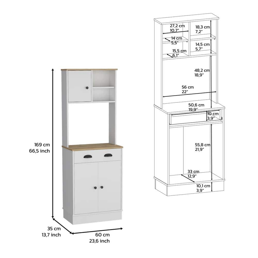 6-Shelf White/Macadamia Wood Pantry Cabinet with Drawer with 3-Door