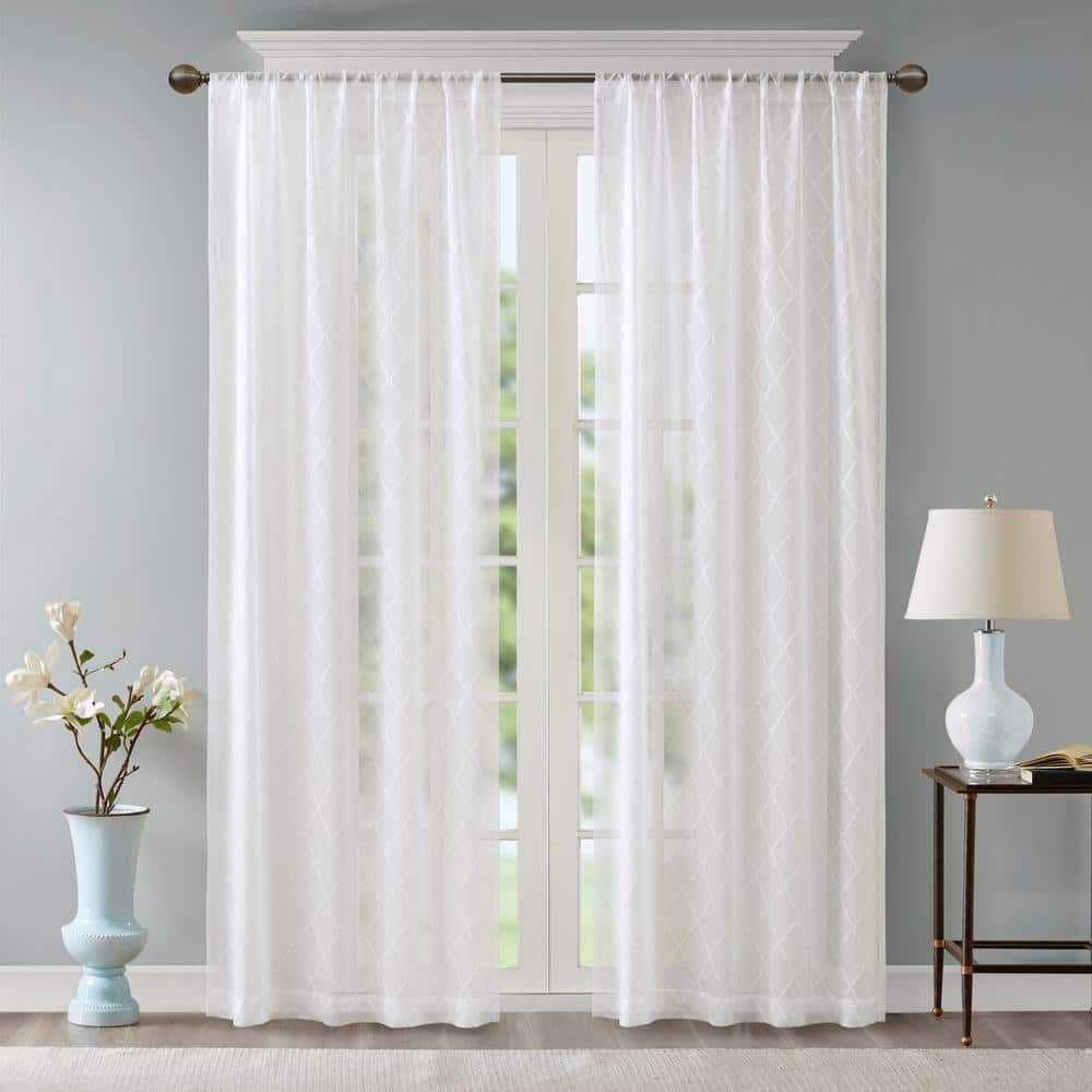 Iris White Abstract Embroidered 50 in. W x 84 in. L Rod Pocket Sheer Curtain