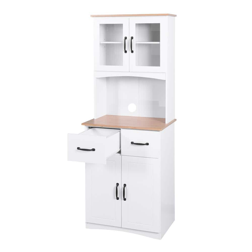 Freestanding White Wooden Kitchen Cabinet Microwave Cabinet with Framed Glass Doors and Drawer