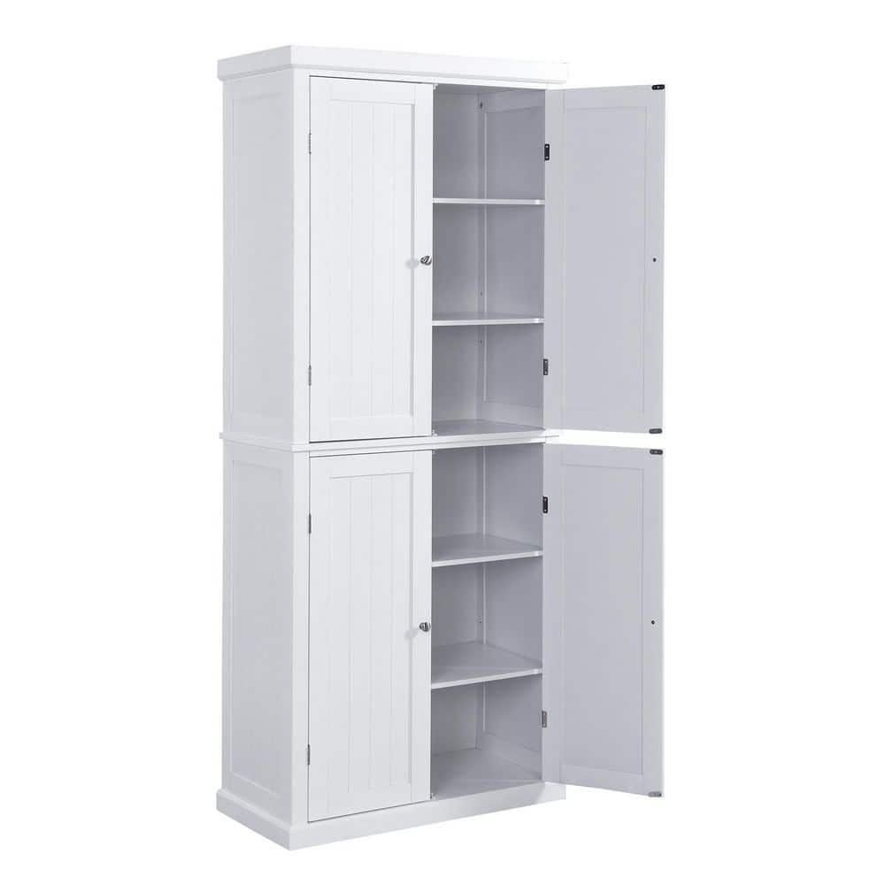 6-Shelf White MDF Pantry Organizer with 4-Doors and Adjustable Shelves for Kitchen/Living Room/Bedroom