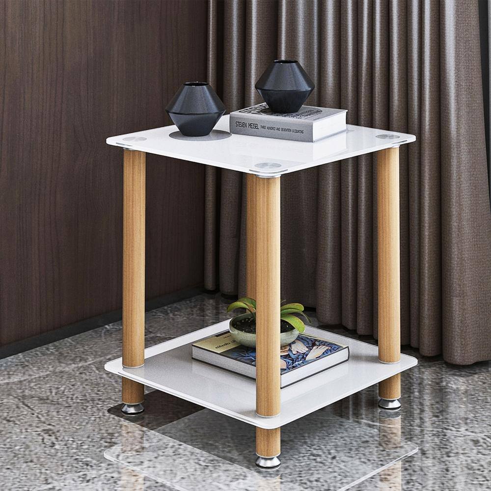 2-Piece White Plus Oak Side Table, 2-Tier Space End Table, Modern Night Stand, Sofa Table Side Table with Storage Shelve