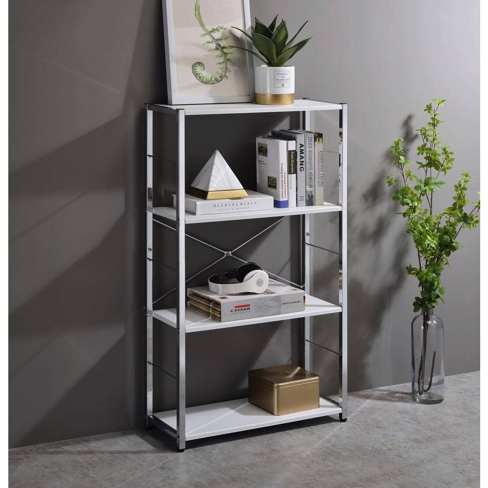 Tennos Bookshelf, White and Chrome Finish