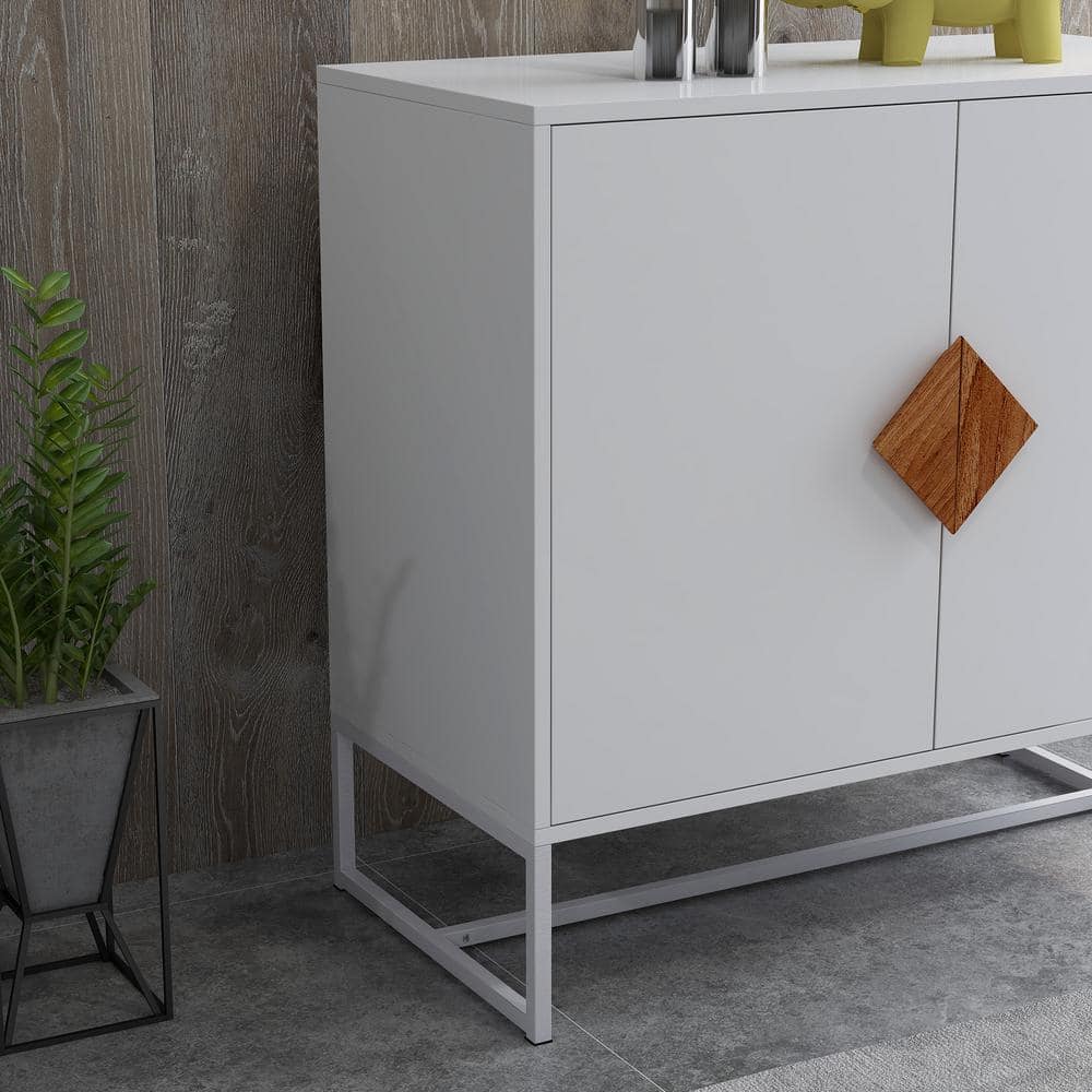 White MDF Sideboard with Square Shape Handle and 2-Doors