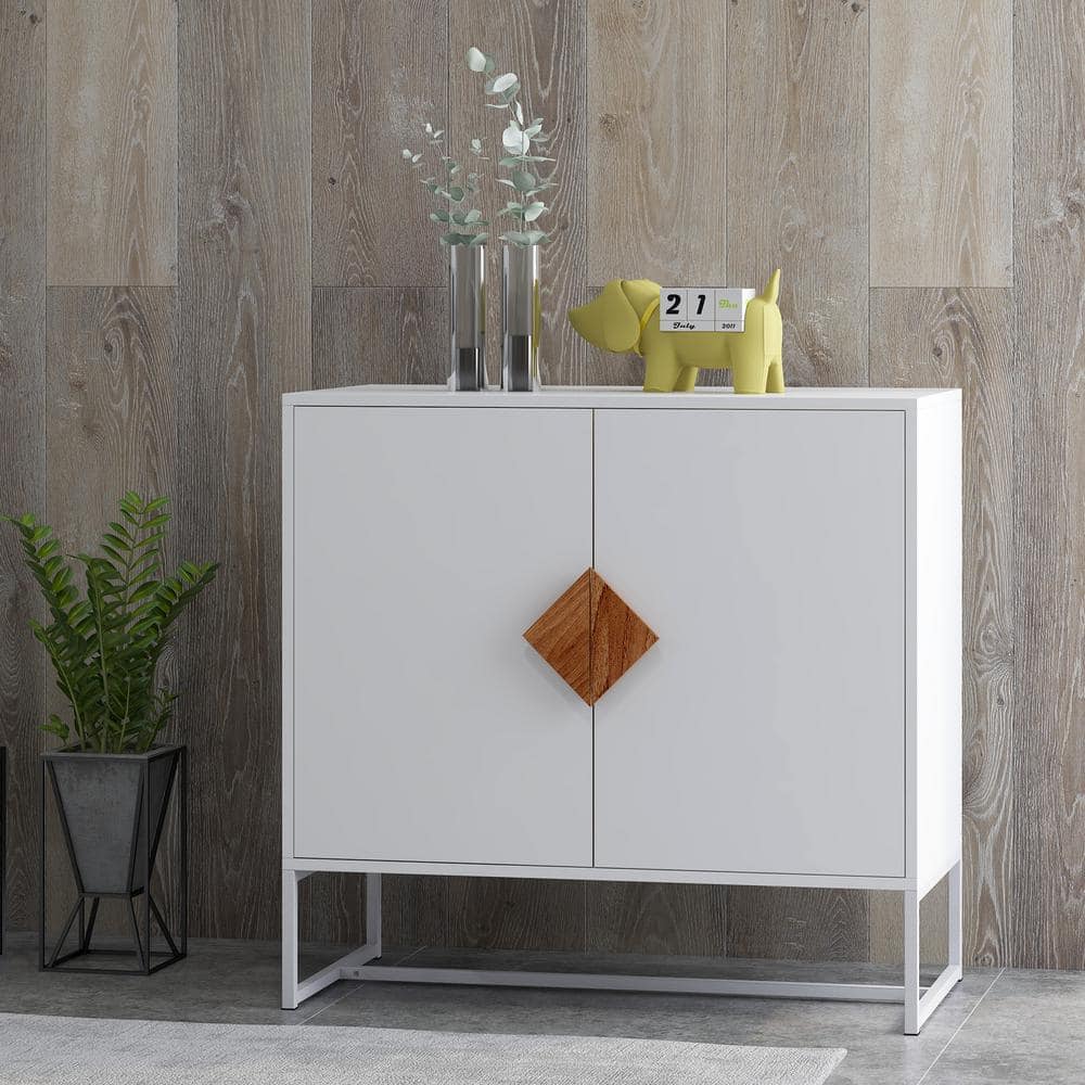 White MDF Sideboard with Square Shape Handle and 2-Doors