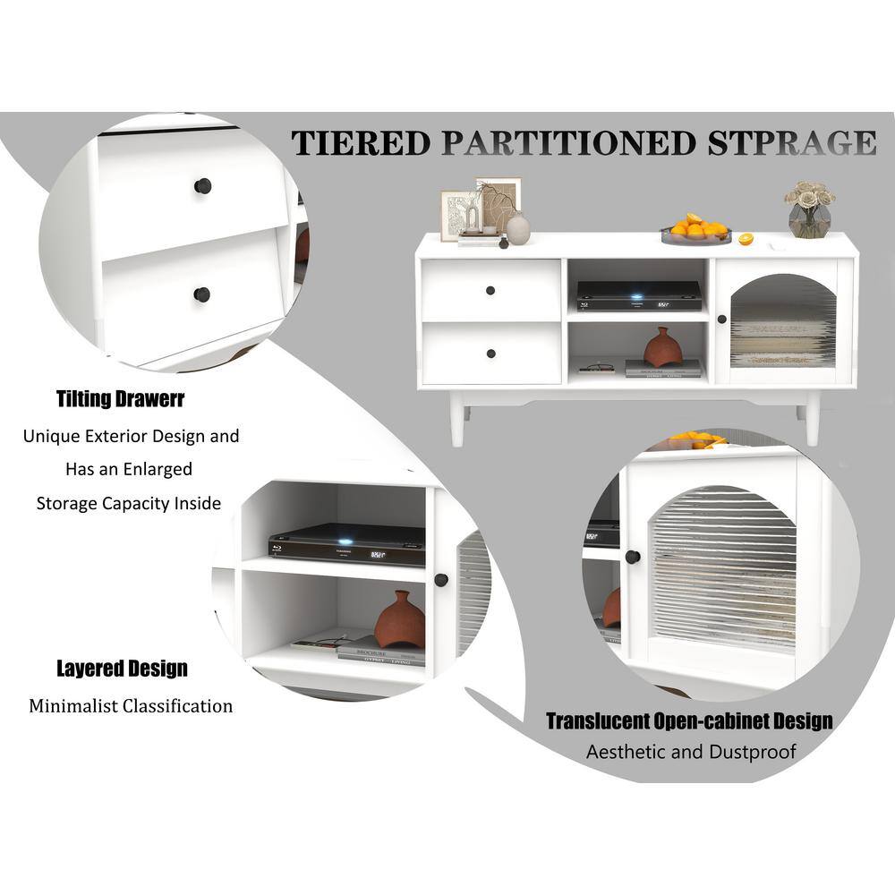 White TV Stand with Drawers and Open Shelves, A Cabinet with Glass Doors for Storage
