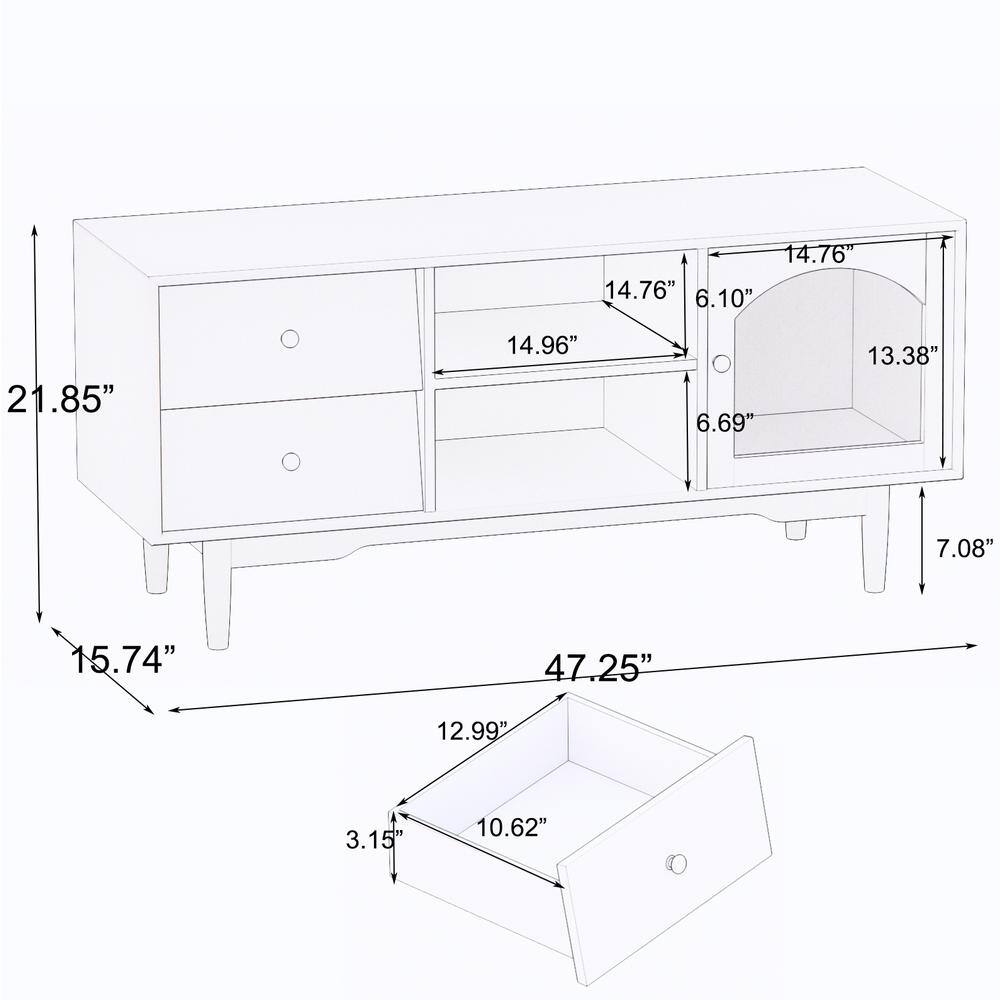 White TV Stand with Drawers and Open Shelves, A Cabinet with Glass Doors for Storage