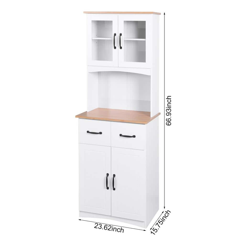 White Wooden Kitchen Cabinet Pantry Room Storage Microwave Cabinet with Framed Glass Doors and Drawer