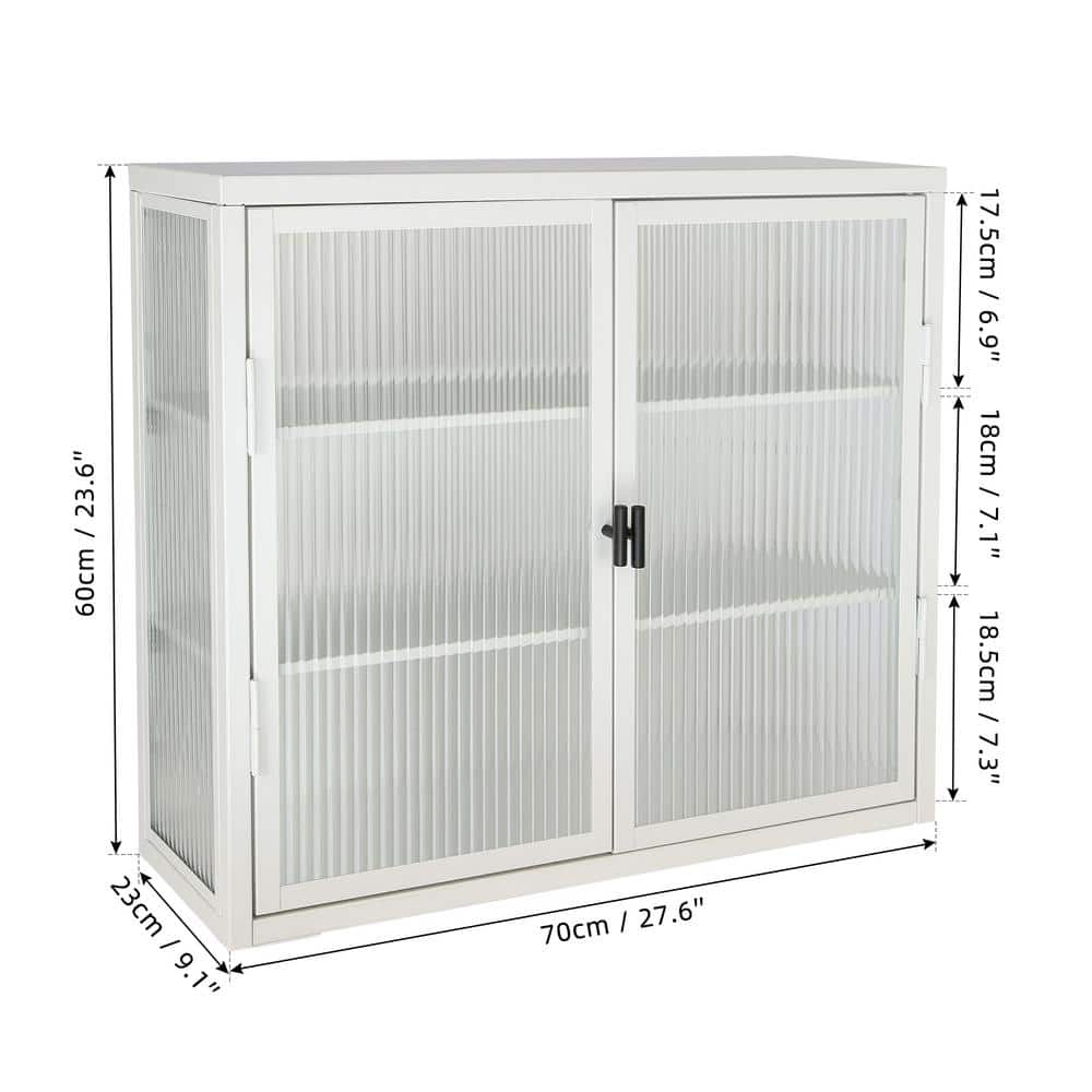 27.6 in. W x 23.6 in. H Glass 2-Door 2-Shelf White Bathroom, Kitchen Storage Wall Cabinet 3-Tier Storage