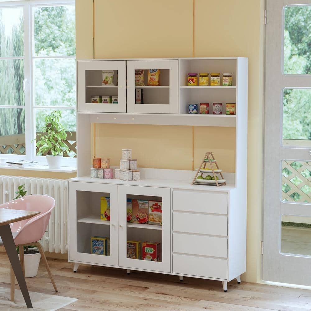 White Large Kitchen Pantry Cabinet Buffet with 4-Drawers Hooks Open Shelves and Glass Doors