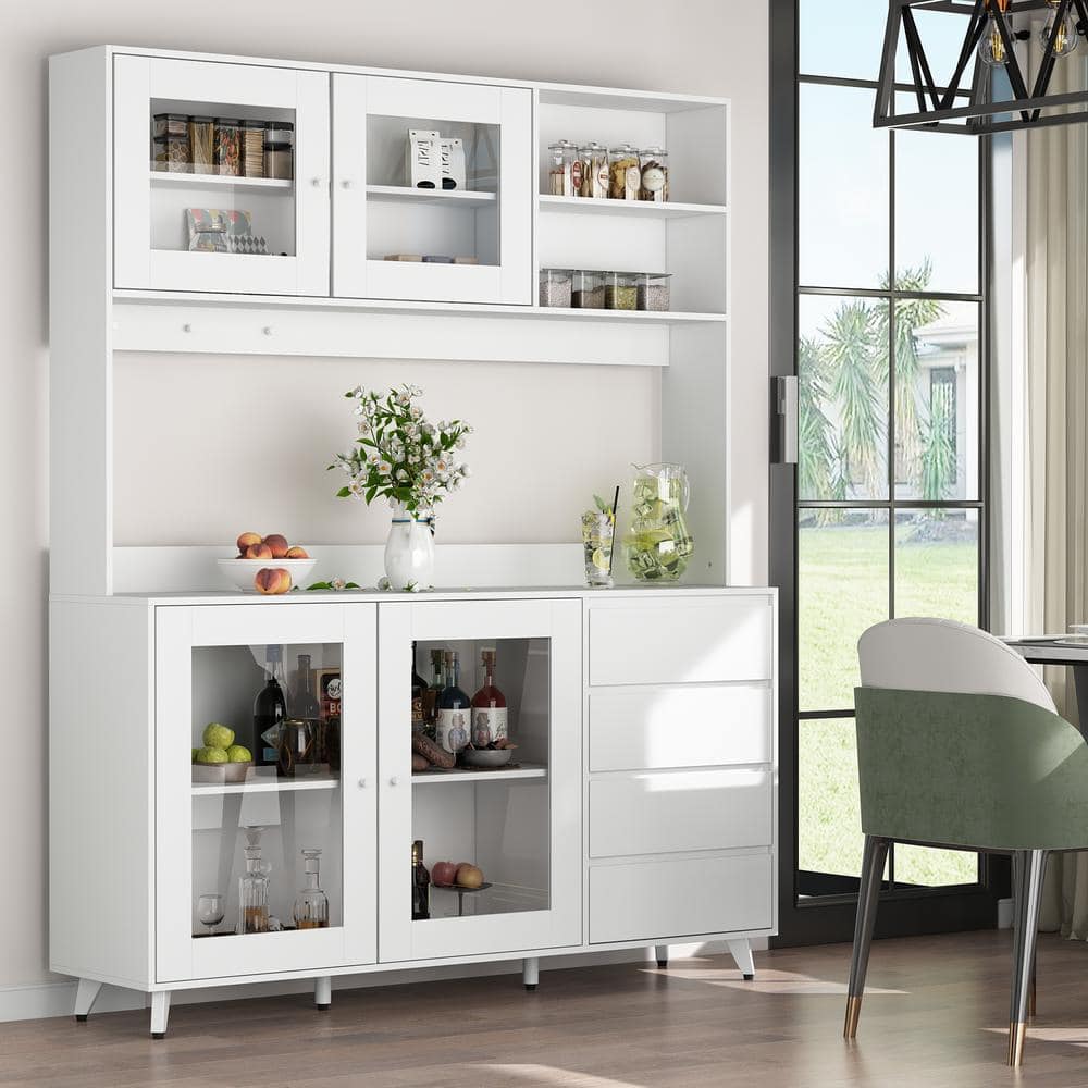 White Large Kitchen Pantry Cabinet Buffet with 4-Drawers Hooks Open Shelves and Glass Doors