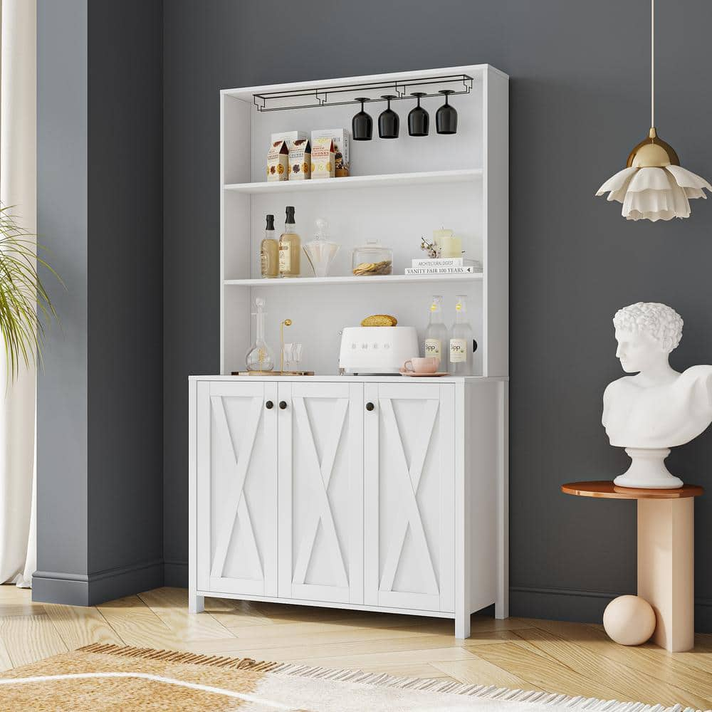 White Wood Pantry Organizer Kitchen Cabinet with Drawers, Open Shelves and Wine Rack