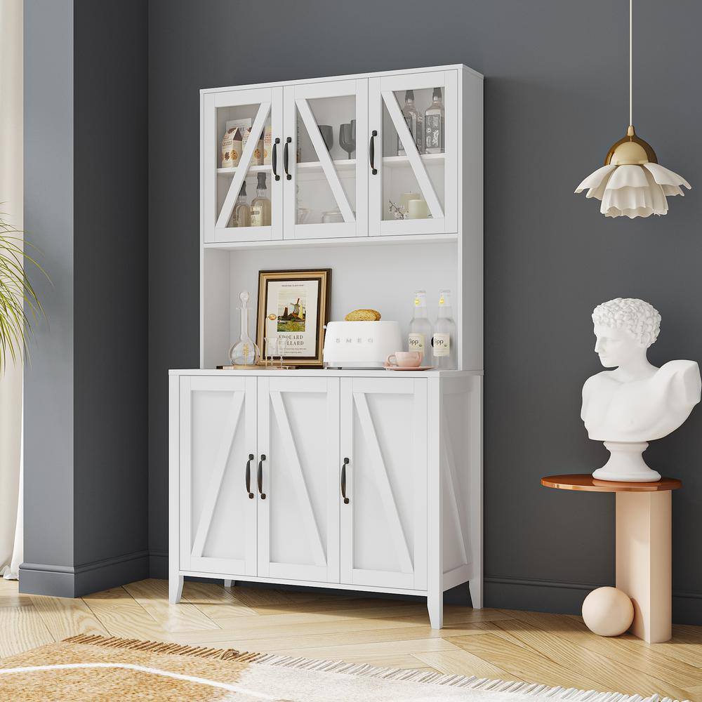 White Wood Pantry Organizer Kitchen Cabinet with Glass Doors, Drawers and Open Shelves