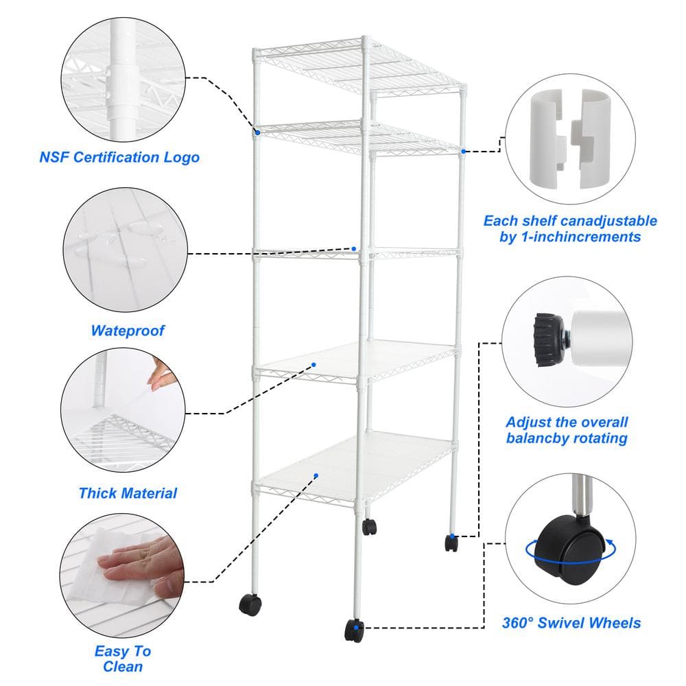 30.00 in. W White 5-Tier Metal Pantry Organizer, Adjustable Metal Storage Shelves with Wheels