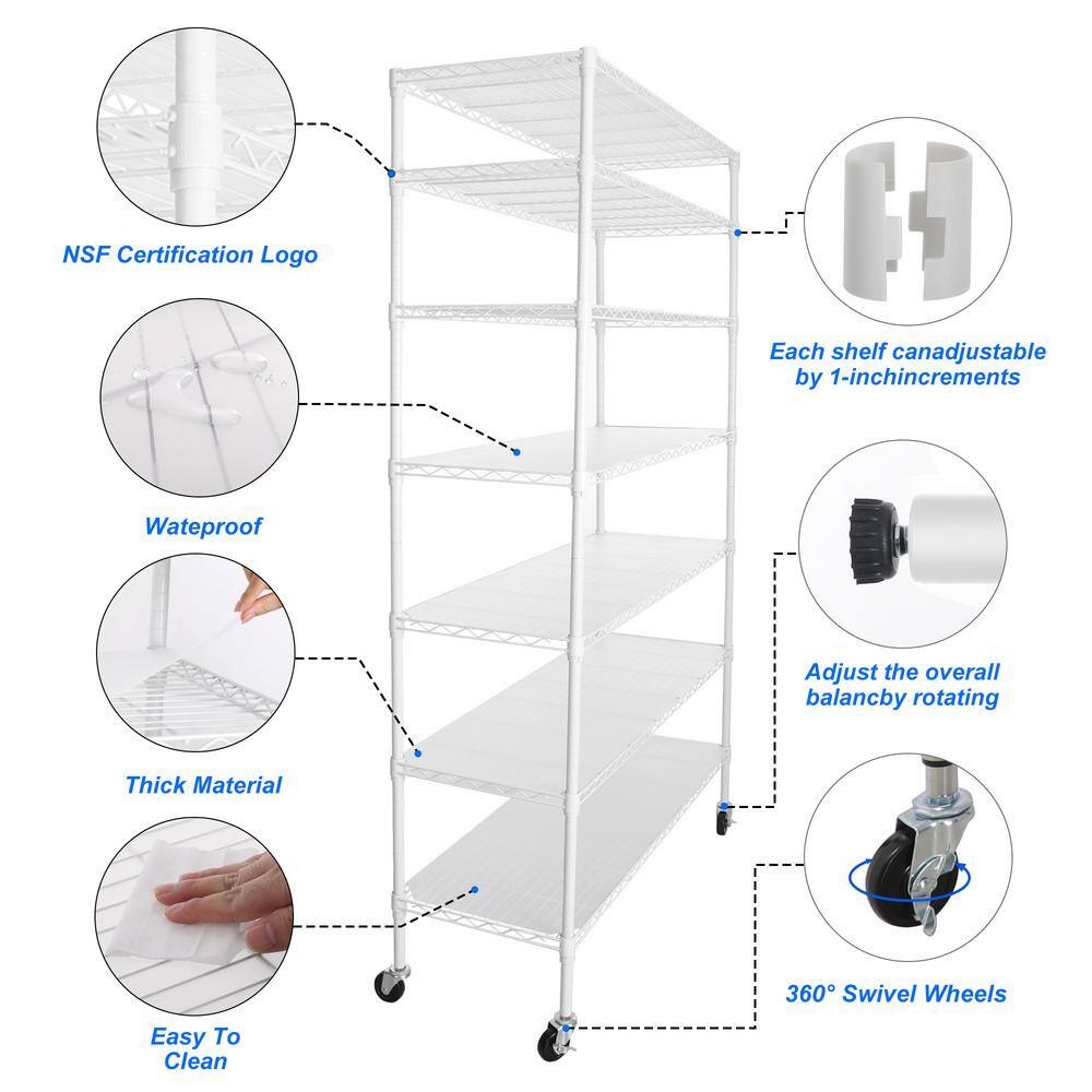 48.00 in. W White 7-Tier Metal Pantry Organizer, Adjustable Metal Storage Shelves with Wheels