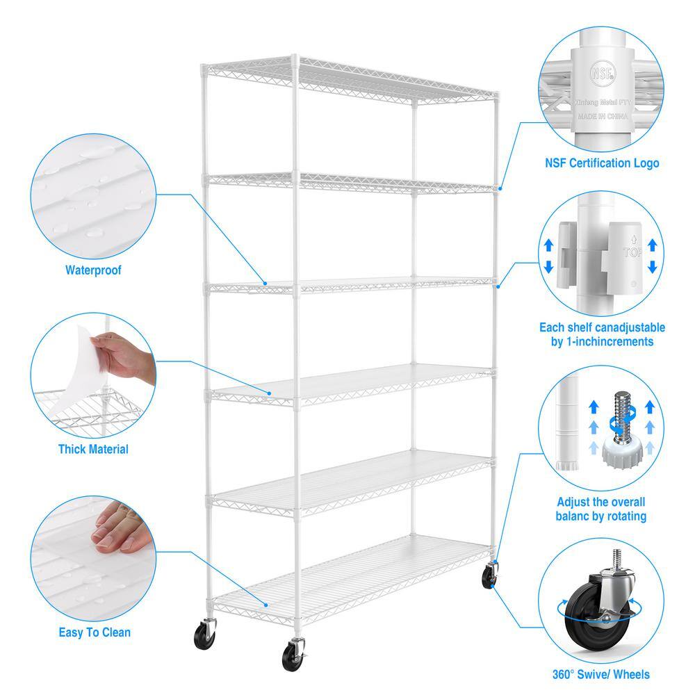 48.00 in. W White 6-Tier Metal Pantry Organizer, Adjustable Metal Storage Shelves with Wheels