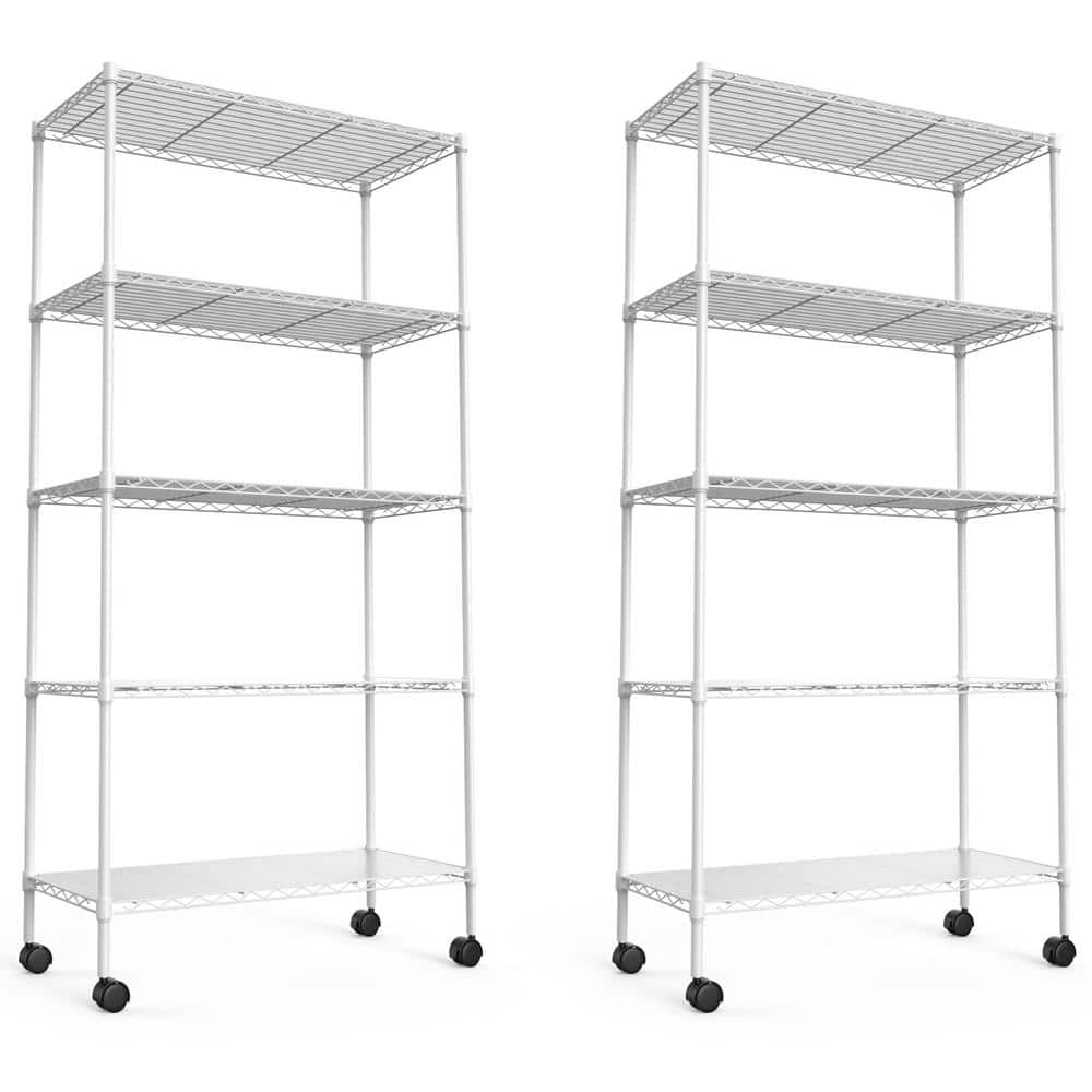 2-Pack 5-Shelf Metal Pantry Organizer with Wheels, Large Storage Shelves Height Adjustable Utility in White