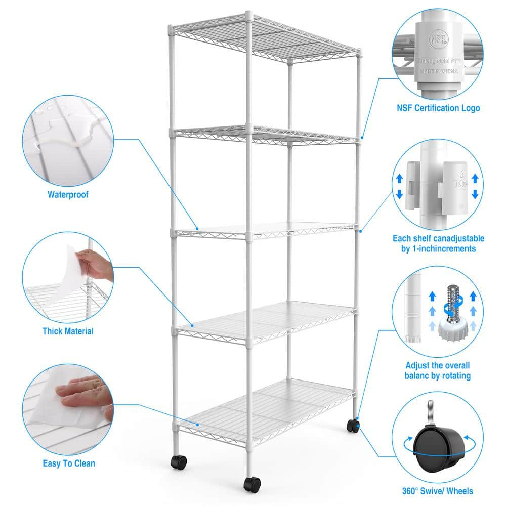 2-Pack 5-Shelf Metal Pantry Organizer with Wheels, Large Storage Shelves Height Adjustable Utility in White