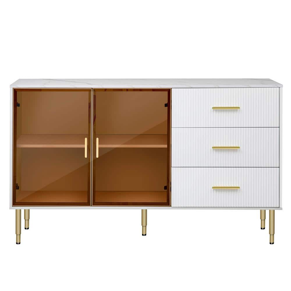 White Wood Pantry Organizer with Tempered Glass Doors and Gold Metal Legs and Handles