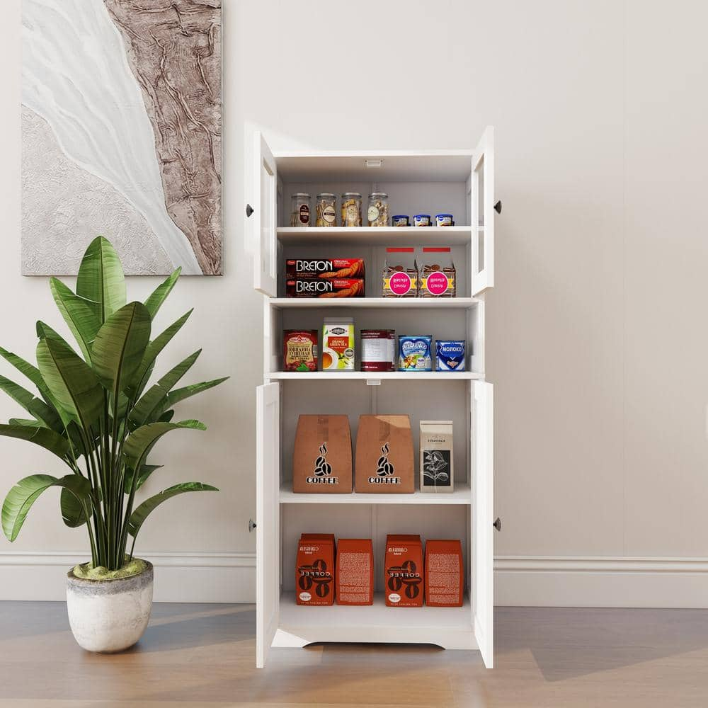 5-Shelf Wood Pantry Organizer with Open Shelf, Glass Doors, Adjustable Shelves in White