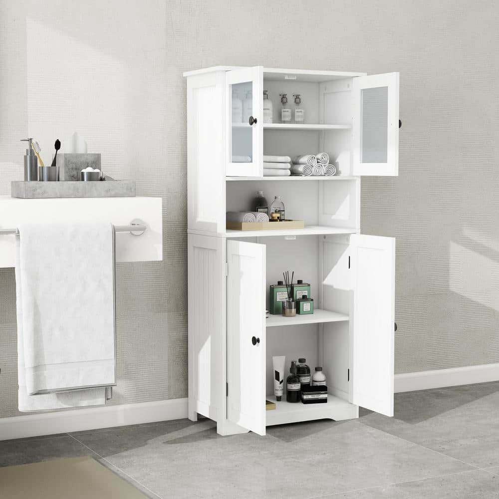 5-Shelf Wood Pantry Organizer with Open Shelf, Glass Doors, Adjustable Shelves in White