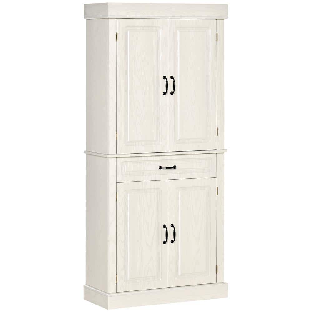 White Shelf Wood Pantry Organizer with 4 Doors and Wide Drawer