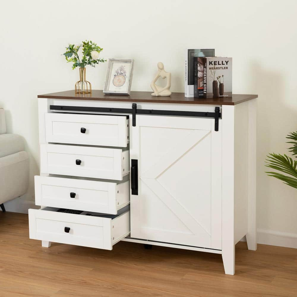 White Wood Pantry Organizer, Sideboard, Storage Cabinets with 4-Drawers, Metal Handle