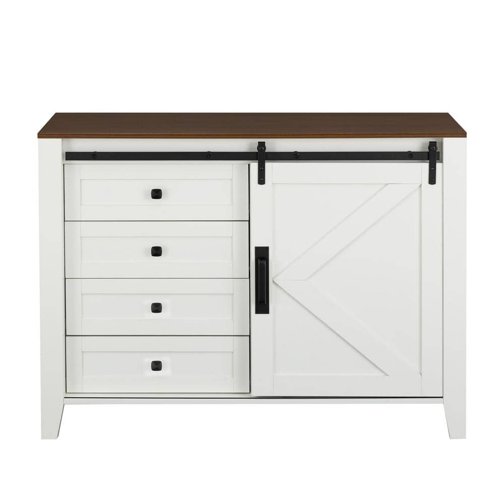 White Wood Pantry Organizer, Sideboard, Storage Cabinets with 4-Drawers, Metal Handle