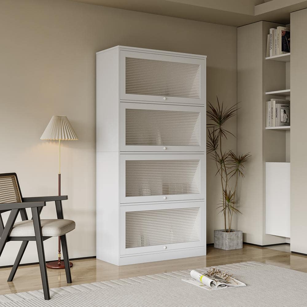 White Wood Pantry Organizer, Storage Cabinet Floor-to-Ceiling Low Cabinet with Glass Doors