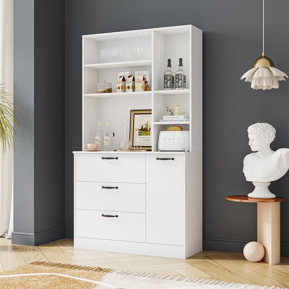 70.87 H White Large Kitchen Pantry Storage Cabinet with Drawers and Open Shelves Freestanding Cupboard Buffet Cabinet