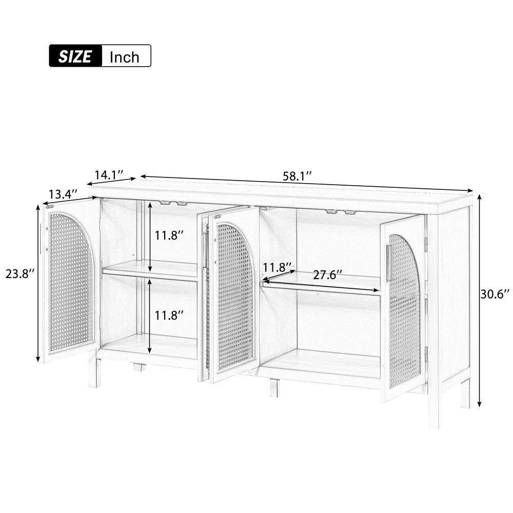 2-Shelf White Wood Pantry Organizer with Artificial Rattan Door and Metal Handles for Kitchen and Living Room