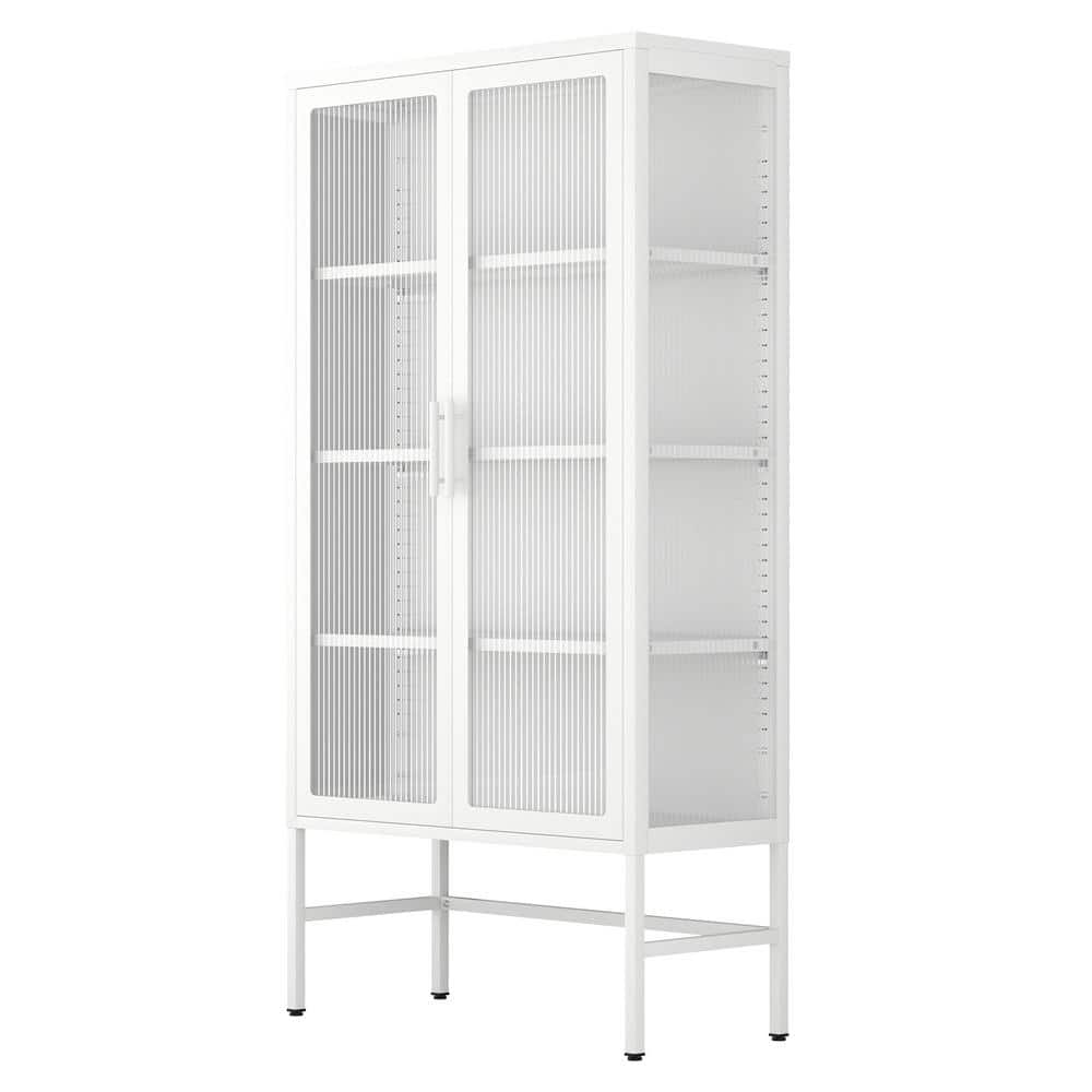 2 Glass Doors Pantry Organizer with Adjustable Shelves and Feet Cold Rolled Steel Sideboard in White