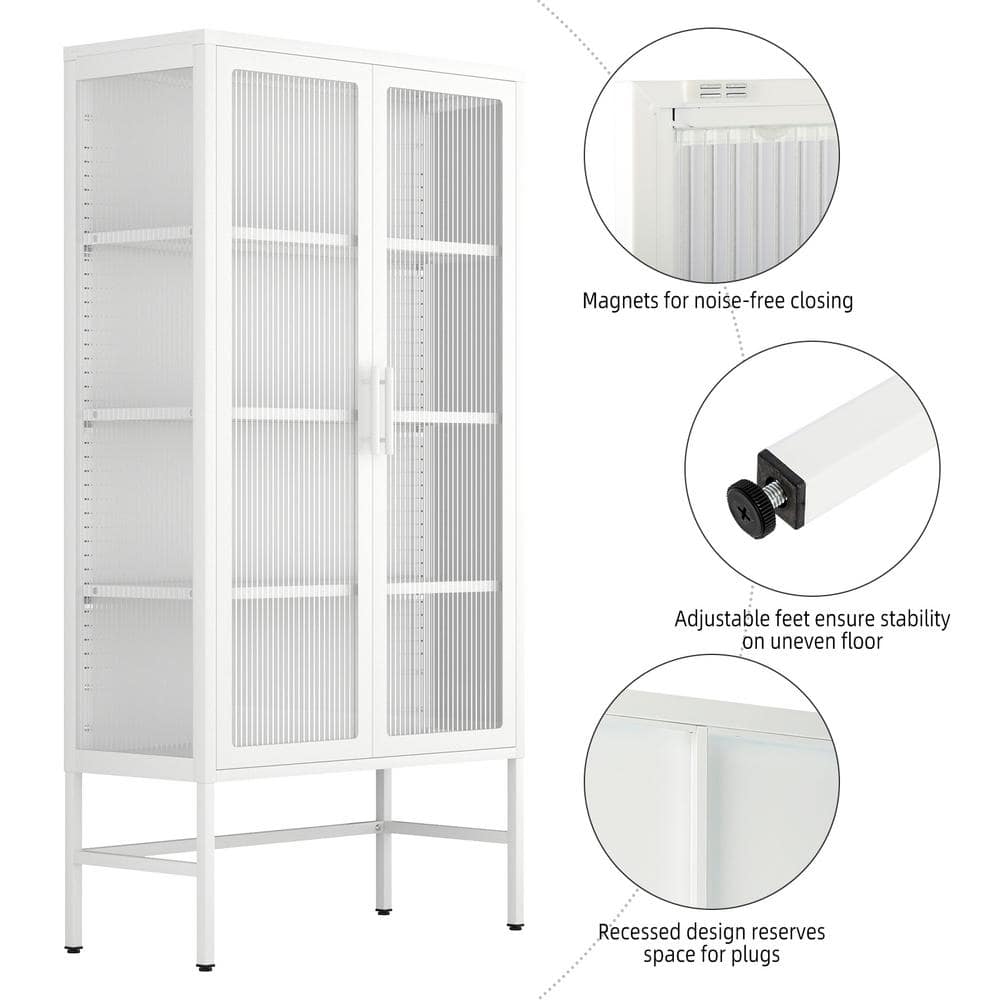 2 Glass Doors Pantry Organizer with Adjustable Shelves and Feet Cold Rolled Steel Sideboard in White