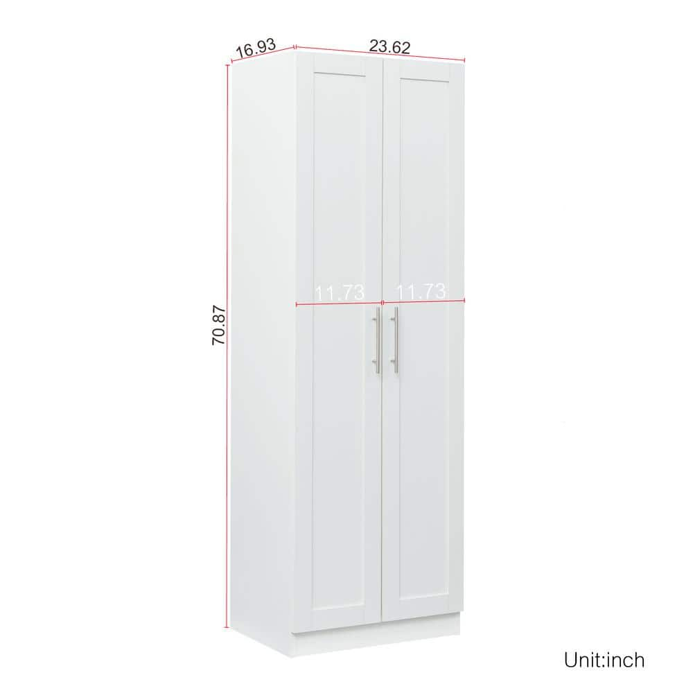 70.87 in. High Wardrobe and Kitchen Cabinet with 2-Doors and 3-Partitions to Separate 4-Storage Spaces in White