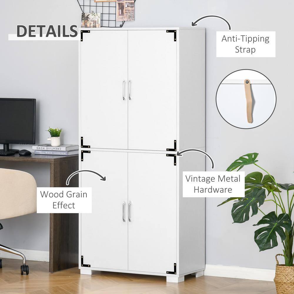 White Industrial Kitchen Pantry Cabinet with 4-Door Cupboard and Storage Shelves, Freestanding Storage Cabinet