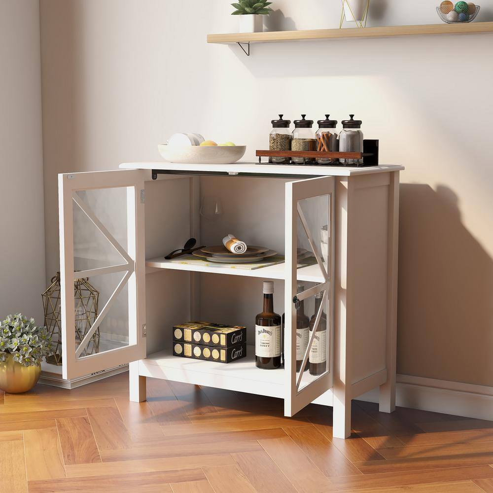 White MDF Table Top 31.5 in. W Freestanding Kitchen Pantry Organizer with Double Glass Doors