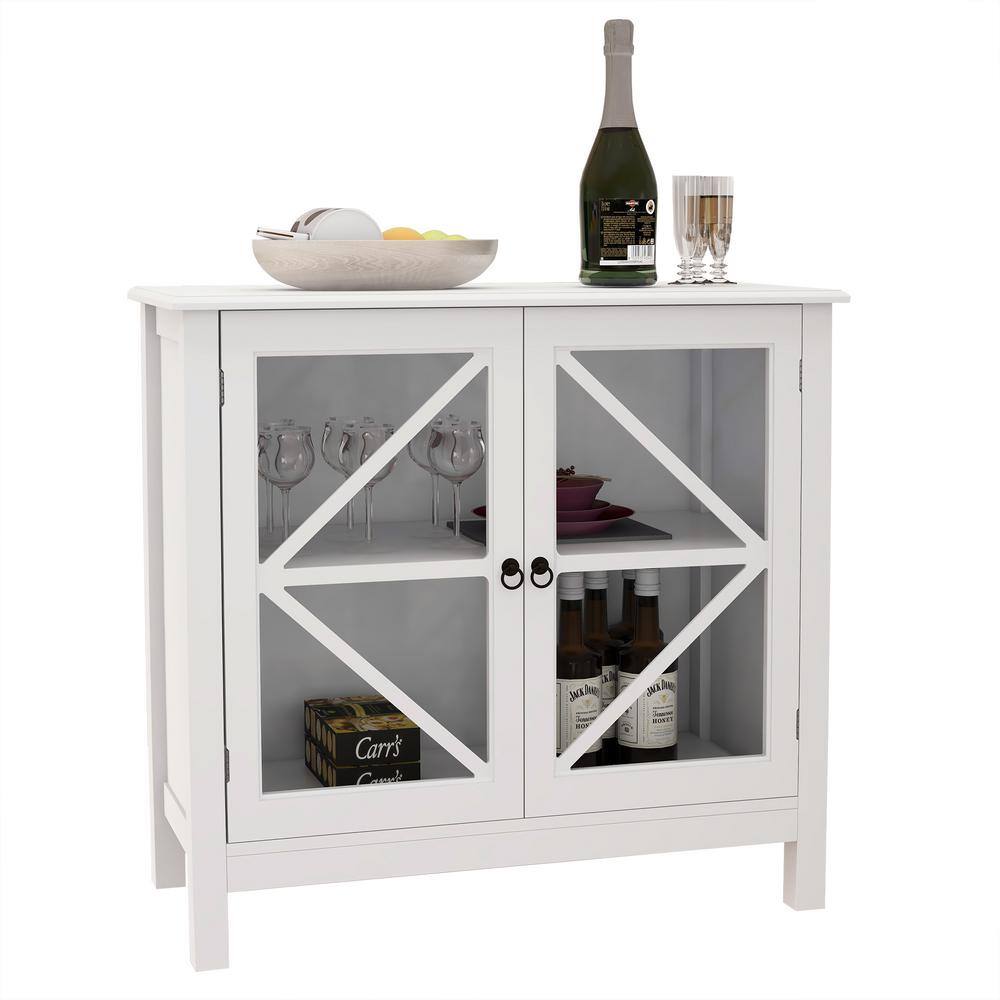 White MDF Table Top 31.5 in. W Freestanding Kitchen Pantry Organizer with Double Glass Doors