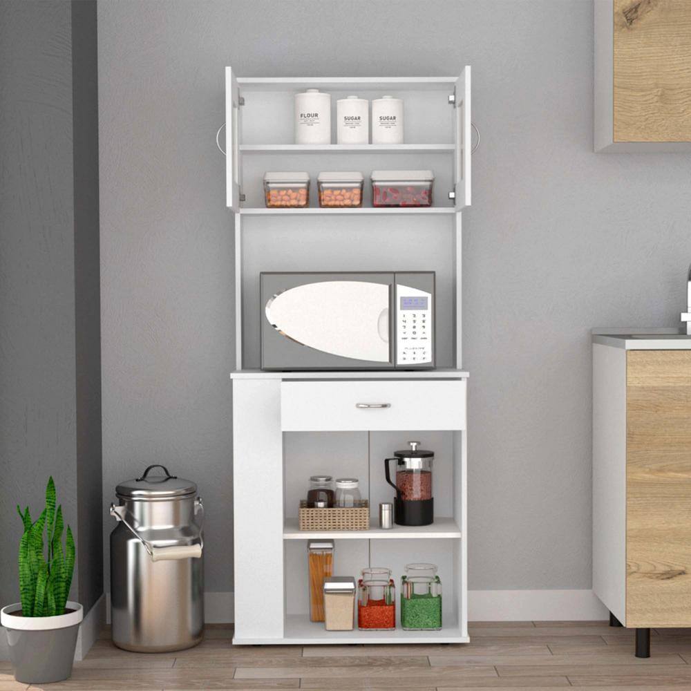 2-Shelf White Wood Pantry Cabinet with Drawer and Three Side Shelves for Kitchen