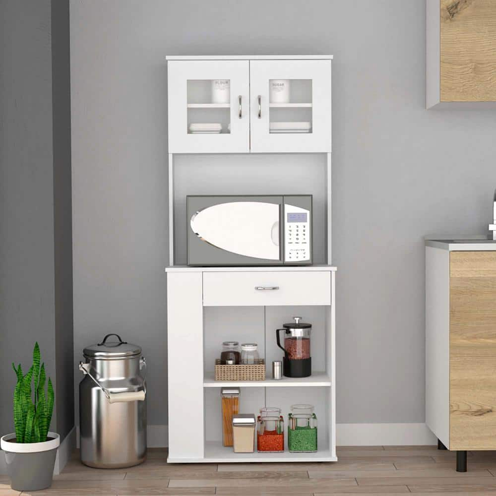 2-Shelf White Wood Pantry Cabinet with Drawer and Three Side Shelves for Kitchen