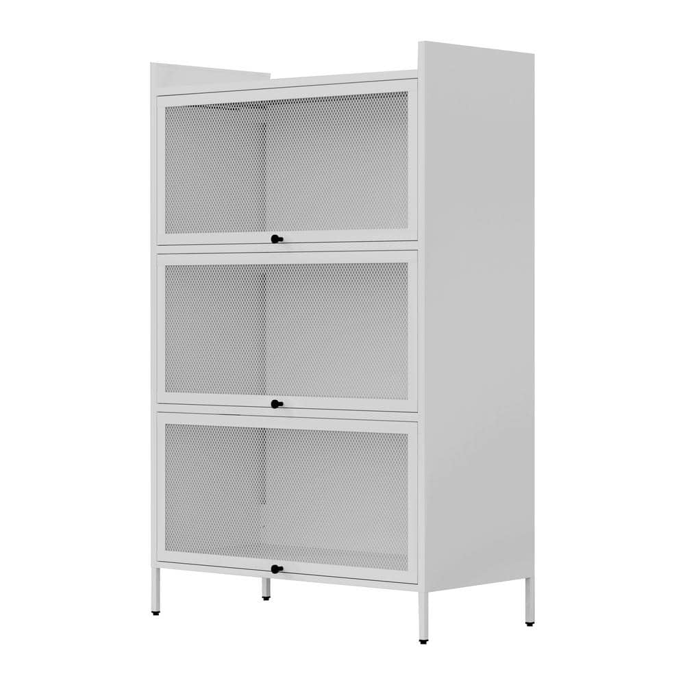 White 3-Tier Buffet Cabinet with Folding Mesh Doors, Sturdy Steel Construction with Excellent Load-Bearing Capacity